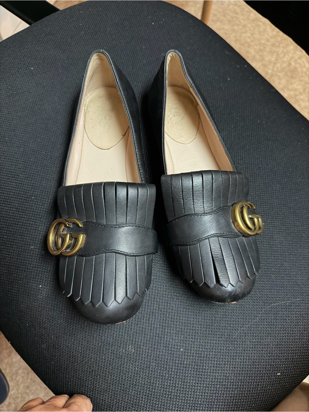 Gucci Black Leather Kiltie Loafers with Gold Double G